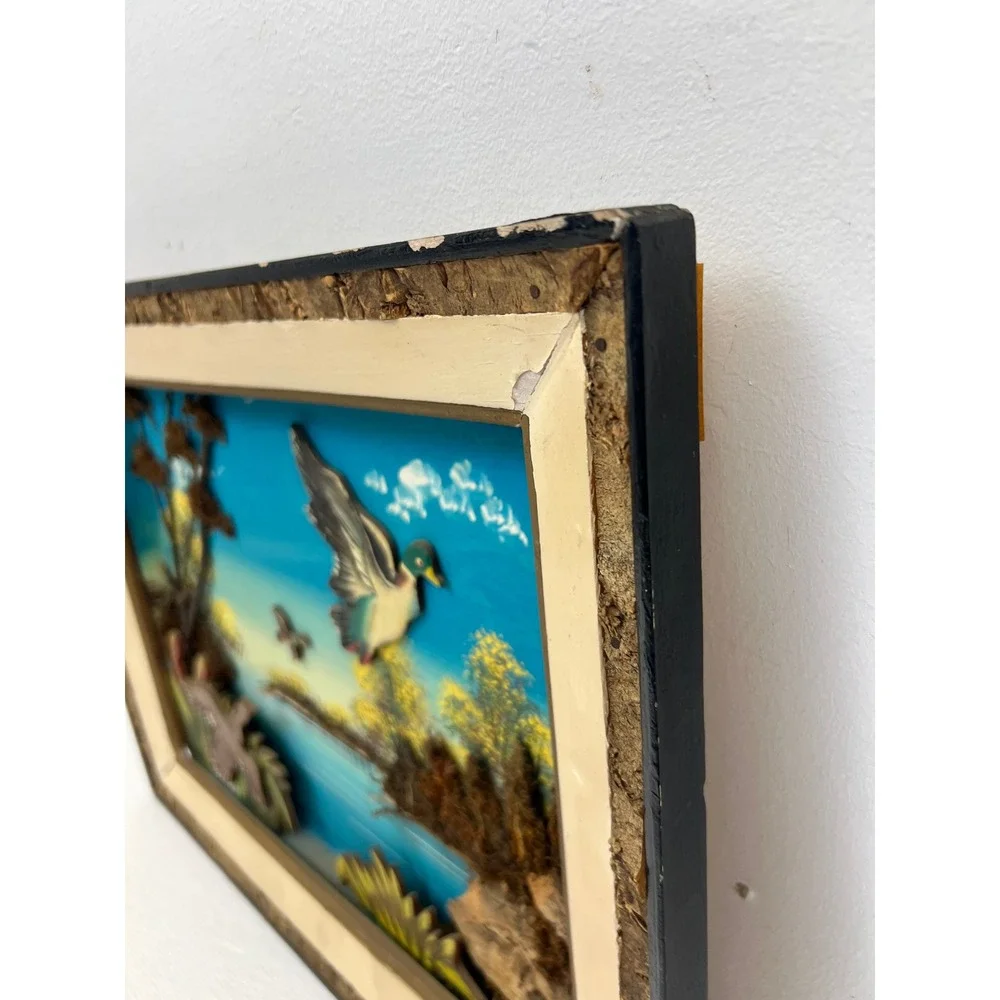 Vintage Mixed Media Shadowbox Art Ducks Flying Mallard Lake Scene Cabin Decor